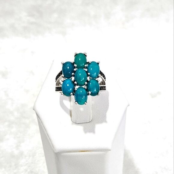 Blue Ethiopian opal and Black Spinel ring in Sterling Silver. - Picture 1 of 6